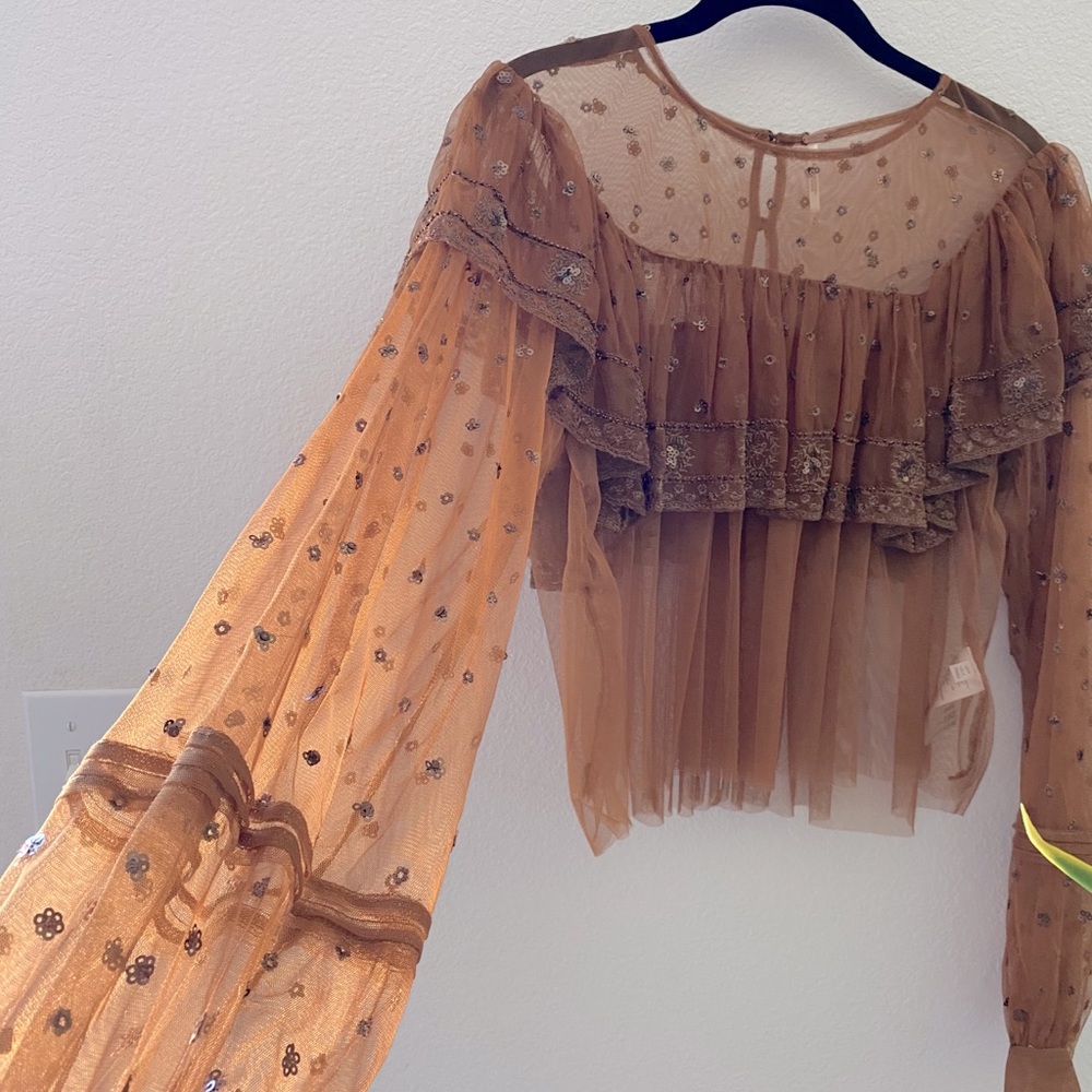 Free People brown sheer long sleeve top